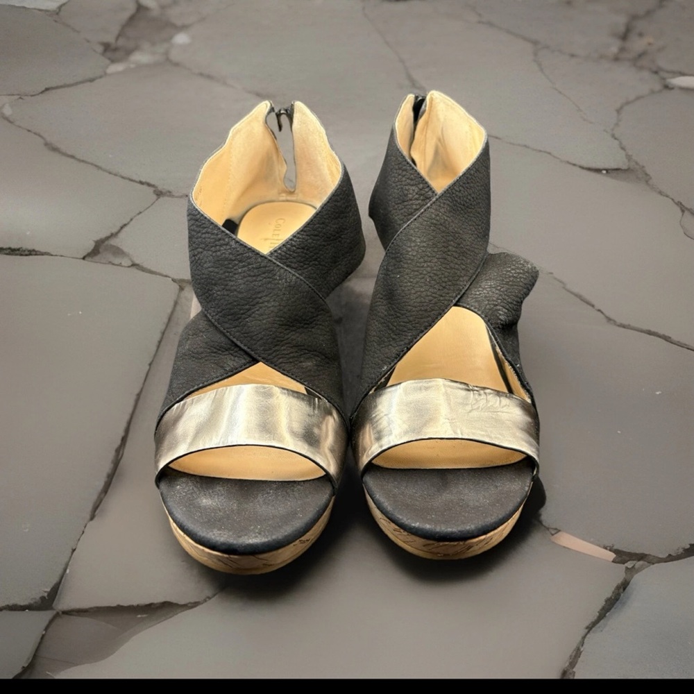 Cole Haan Black and Silver Women's Sandals Strappy, Wedge heel size 8
